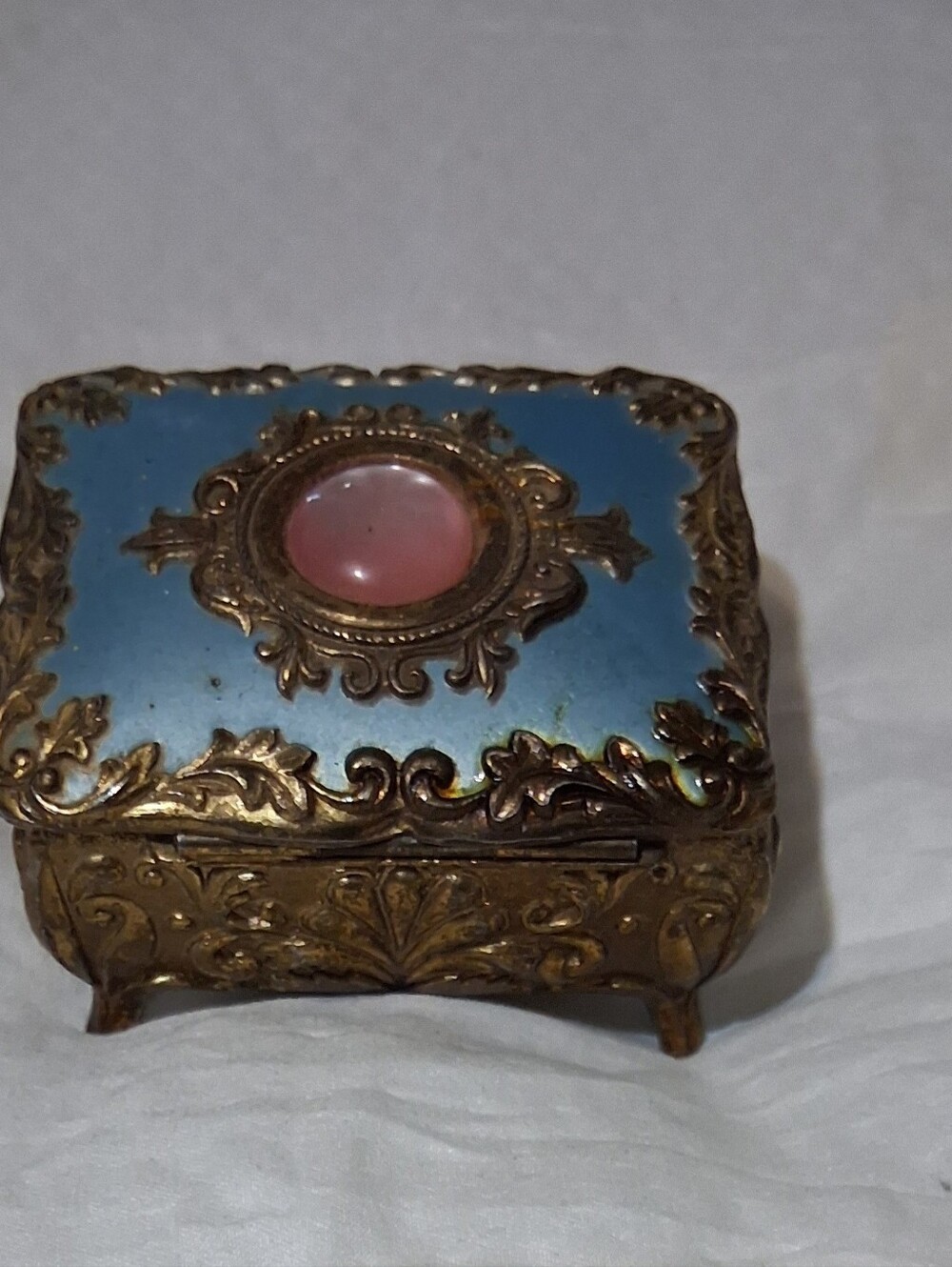 Victorian Japanese Small Antique-Style Blue and Pink Trinket Jewelry Box